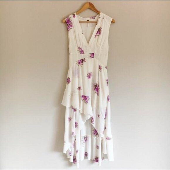 FREE PEOPLE | Off-White + Purple Midi Birdie Hi-Lo Dress (Size 0) - Picture 4 of 6